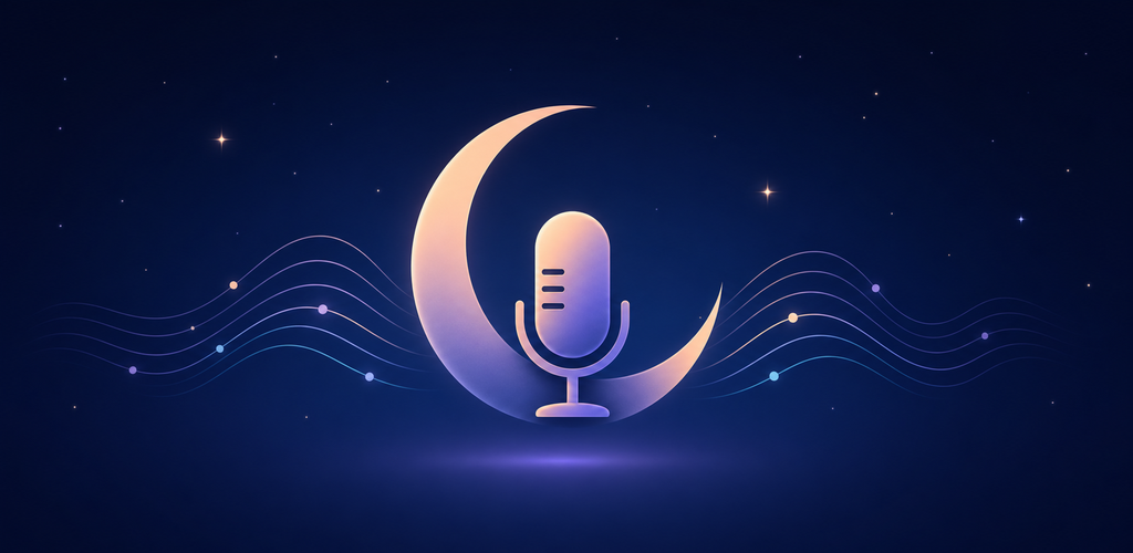 A crescent moon and microphone in a calm night sky